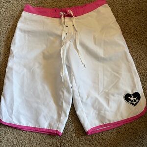 Vintage Victoria Secret Love Pink Love Swim  Shorts Size S White With Pink Trim